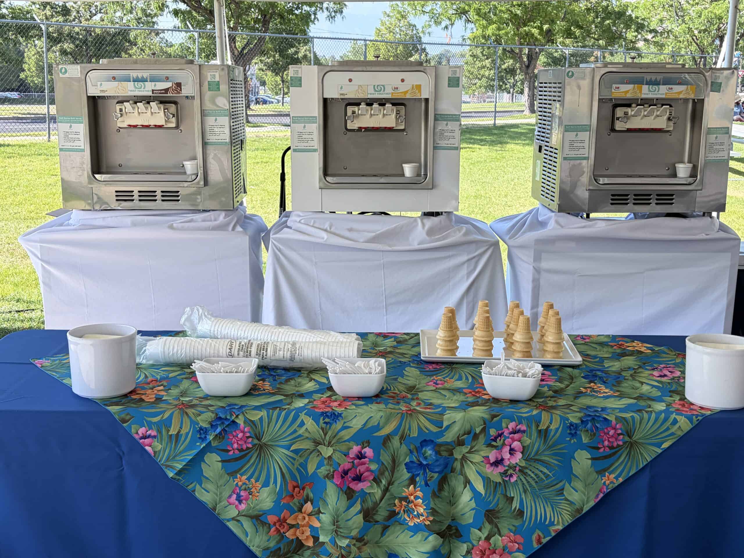 Three soft serve machines lined up for a university staff party at Splash Summit in Provo